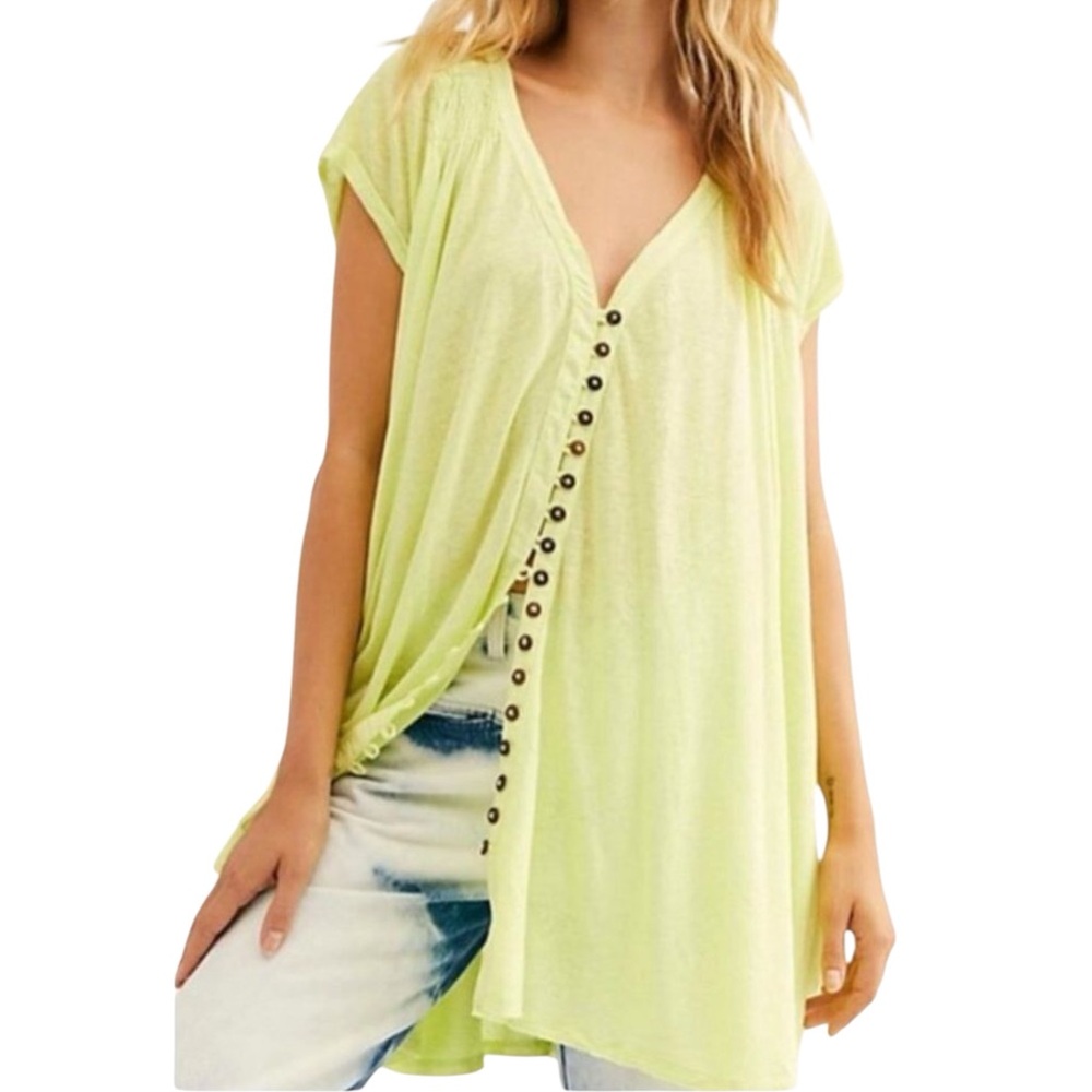 NWT Free People “Highland” Oversized Button-Down Tunic in Lemon Light - Picture 2 of 12
